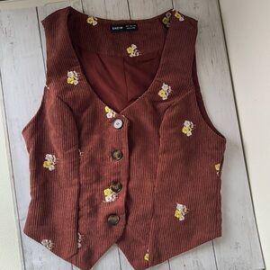 Woman’s Corduroy Vintage Floral, Flower Brown Vest-New